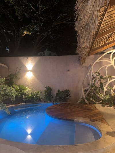 The image depicts an illuminated outdoor pool area at night in El Nido, Philippines. The irregularly shaped concrete pool features blue underwater lighting and is partially covered by a dark wooden deck composed of diagonal planks. A light-colored stucco or concrete wall forms the perimeter, featuring two sconce lights emitting warm upward and downward illumination on the left side. Lush tropical foliage, including broad-leafed plants, borders the pool and lines the base of the walls. On the right, a large, intricate white decorative structure, resembling organic roots or branches, is mounted against the wall, with plants interwoven through its design. Above, a traditional thatched roof overhang is visible on the upper right, and dark tree canopies are silhouetted against the night sky in the background. No individuals or active subjects are present.