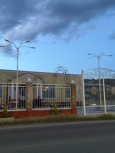 The scene, located in Manavi, Georgia, depicts a static exterior view at dusk or dawn. The upper portion shows a sky with significant dark grey cloud cover on the left, transitioning to clear light blue on the right. Two unlit, multi-armed streetlights with dark, ovate fixtures are present; one on the far left and another partially visible behind a gate on the right. A single-story building with a light cream-colored facade, featuring a central pediment, columns, and rectangular windows (one showing a warm internal light), is positioned behind a decorative, light-colored metal fence and gate. Black metal architectural arches are visible above the building's roofline. The fence displays intricate scrollwork and includes a central brick pillar supporting a white spherical light fixture. Small, conical evergreen plants are contained in planters at the base of the fence, which rests on a textured reddish-brown wall section. A strip of dry, light-colored vegetation separates the fence from a dark grey asphalt road that occupies the lower foreground. There are no individuals, animals, or vehicles present.