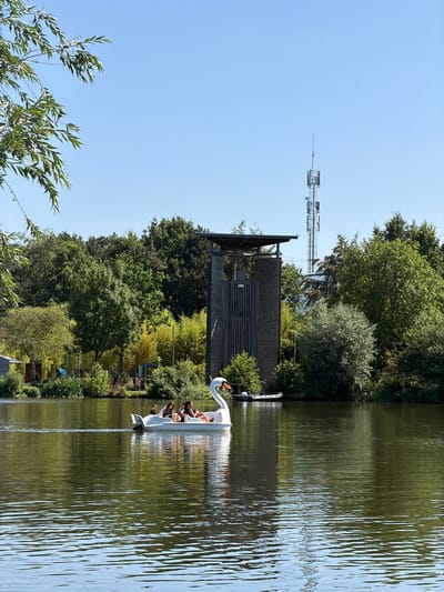 In the city of Heijen, Netherlands, a white swan-shaped pedal boat with four individuals aboard navigates a calm lake. The boat is positioned towards the left side of the frame, with its occupants facing towards the right. The lake's surface reflects the surrounding lush green trees and a clear blue sky, broken by the gentle ripples of the water. In the background, a tall, grey, multi-level structure with wooden vertical slats stands prominently. Behind this structure, a metallic telecommunications tower with multiple antennas rises against the sky. The scene is framed by the leaves of a tree in the upper left corner.