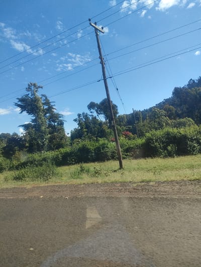 The image depicts a scene in Kibirichia ward, Kenya, showcasing a roadside environment. A weathered wooden utility pole stands along the edge of a paved road, supporting multiple power lines stretching across a clear blue sky dotted with scattered clouds. Lush green vegetation, including trees and shrubs, covers the landscape behind the pole, extending to a hill in the background. A section of the asphalt road is visible in the foreground, showing signs of wear. The overall impression is a rural setting. There are no people visible in the scene.