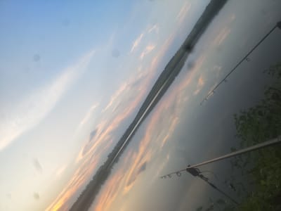 The image depicts a body of water, likely a river or lake, with a shoreline visible in the distance. The sky is partially cloudy, with hues of blue, white, and orange, suggesting it is either sunrise or sunset. Two fishing rods are positioned in the foreground, one higher and closer to the viewer, the other further back and lower. The rods are equipped with reels and guides. Lush green foliage is visible on the right side of the image, partially obscuring the fishing rods. The water reflects the colors of the sky and the distant landscape. The image appears to be taken outdoors, in a natural environment. Based on the information provided, the location is the city of Pelinia, Moldova.