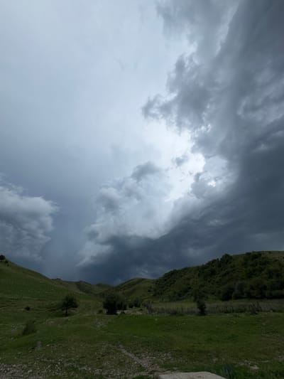 This is a vertical, medium shot of a dramatic sky over a grassy hillside in Kashka-Suu, Kyrgyzstan. The sky is filled with dark, turbulent storm clouds, with hints of lighter grey and white clouds breaking through in places. The clouds suggest an approaching or ongoing storm. The hillside on the right side of the frame is covered in lush green grass, with a scattering of small white flowers and some scattered trees and bushes. A rustic wooden fence runs along the contour of the hill, delineating a path or boundary. The overall mood is one of impending weather change, with the dark clouds creating a sense of drama and anticipation. The time of day is difficult to ascertain precisely due to the cloud cover, but the lighting suggests it could be late afternoon or early evening. The location is clearly mountainous and rural, consistent with the landscape of Kyrgyzstan. There is no visible text in the image.