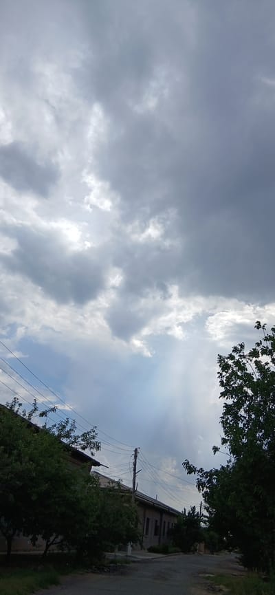 The image depicts a cloudy sky over a residential or commercial area in Mustakillik, Uzbekistan. A significant portion of the frame is dedicated to a heavily overcast sky, with some areas of brighter light suggesting breaks in the clouds or sunbeams. In the lower part of the image, a row of buildings with tiled roofs runs horizontally across the frame. Trees with green foliage are visible in the foreground and along the sides of the buildings. Power lines stretch across the scene, supported by utility poles. The ground in front of the buildings appears to be a dirt or gravel surface, with some patches of grass. The overall impression is that of an overcast day in a semi-urban or rural setting in Uzbekistan.