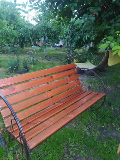 A close-up, eye-level shot captures a wooden swing bench with dark metal accents situated in a garden setting. The bench, made of light brown wooden planks, is positioned in the foreground and angled slightly to the right, facing away from the viewer. Behind the bench, a lush green garden unfolds, featuring various trees with abundant foliage, some bearing small red fruits, likely cherries. Several pink and yellow flowers are visible amongst the greenery, interspersed with grass and dark soil. In the background, hints of other garden furniture, possibly a hammock and chairs, can be discerned. The scene is illuminated by natural daylight, suggesting an outdoor environment in Kobeliachok, Ukraine. No people are present in the frame.