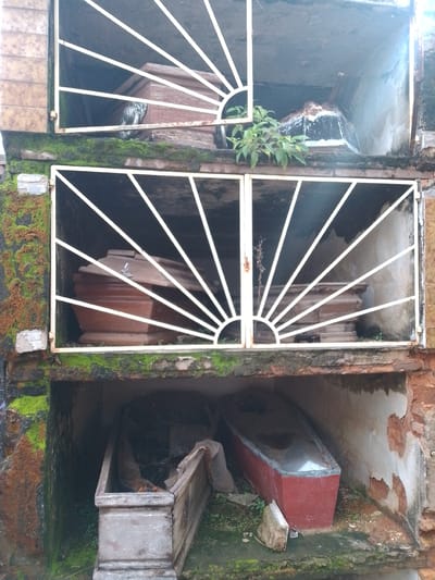The image shows a crypt or above-ground tomb in Asuncion, Paraguay. The tomb is composed of three stacked niches, each containing a coffin. All niches are secured with decorative white metal bars that resemble a sunrise. The top niche has a wooden coffin and a stone statue of an angel. The middle niche has two wooden coffins. The bottom niche has a gray wooden coffin and a red coffin. The structure shows signs of age and deterioration, including chipped paint, discoloration, and moss growth on the exterior. A small plant is growing out of the middle niche.