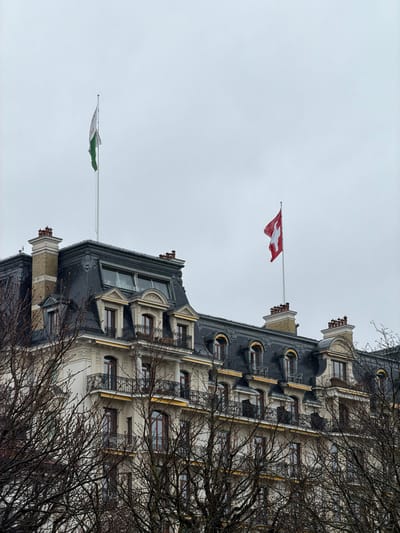 The image displays the upper sections of the Beau-Rivage Palace hotel in Ouchy, Lausanne, Switzerland, under an overcast, light gray sky. The building features a grand, multi-story structure with a distinctive dark gray slate Mansard roof. Numerous ornate dormer windows with small black wrought iron balconies and gold-colored undersides or awnings project from the roof. Several light-colored stone chimneys with dark caps punctuate the roofline. Two tall white flagpoles are erected on the roof; the left pole flies the green and white bicolour flag of the Canton of Vaud, while the right pole flies the red flag with a white cross, representing Switzerland. The building's light-colored facade is visible, incorporating multiple levels of balconies with black wrought iron railings and dark-framed windows. The lower portion of the building is partially obscured by a dense network of bare, dark deciduous tree branches, indicative of a late autumn or winter setting. No people, animals, vehicles, or specific activities are present in the scene.