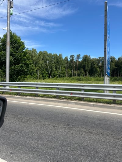 A street scene in Gorki-2, Russia, on a clear day with a blue sky and scattered clouds. A metal guardrail runs horizontally across the middle ground, separating the road from a grassy area and a dense forest. A lamppost with a security camera and a green container stands on the left, while a tall signpost with blue lettering is visible on the right. The road surface is asphalt, with a white line marking the edge. The perspective suggests the photo was taken from inside a moving vehicle.