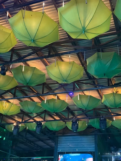 The image depicts an indoor or semi-covered venue in Falomo, Nigeria, characterized by an inverted umbrella ceiling installation. Numerous open umbrellas, predominantly lime green with some darker green variations, are suspended from the corrugated metal roof structure supported by dark metal beams. Small, vertically oriented LED string lights, resembling icicle or meteor shower lights, hang intermittently among the umbrellas. Multiple black stage lights or moving head fixtures are mounted to the ceiling infrastructure, projecting downwards. A blue light source is visible on the ceiling in the mid-ground. The lower portion of the frame reveals a darker environment, with a large screen on the right displaying what appears to be a brightly lit stage performance with indistinct human figures and blue illumination. A partially lowered metal roll-up door or shutter is visible behind the lighting fixtures. No specific individuals or direct interactions are clearly discernible within the immediately visible foreground or mid-ground.
