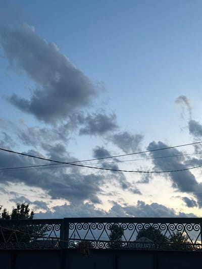 The image displays a vertical shot of a sky filled with dramatic clouds, suggesting it was taken outdoors. The sky transitions from a clear blue on the left to a more overcast, grey, and white-clouded scene on the right, where patches of bright light break through. Two dark electrical wires cut diagonally across the frame from the upper left to the lower right.
On the right side of the image, a decorative black metal fence or gate is visible, featuring intricate scrollwork patterns. Beyond the fence, glimpses of trees and structures can be seen, indicating a possibly urban or suburban setting. The lighting suggests it is either early morning or late afternoon, given the contrast between the bright sky and the darker clouds. The overall mood is somewhat dramatic and atmospheric due to the cloud formations and the contrast in light. There is no visible text in the image.