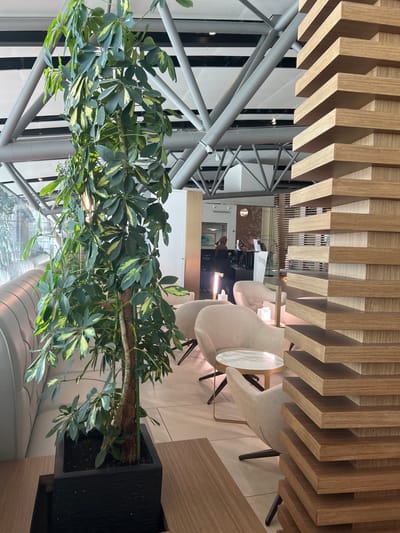 This image depicts the interior of a modern lounge area, likely within an airport or similar transit hub in Seeb Province, Oman. The foreground is dominated by a tall potted plant with variegated green and yellow leaves, placed in a dark square planter. To the right, a textured wooden structure with horizontal slats creates a sense of depth and architectural interest. In the midground, several light-colored armchairs are arranged around small round tables. A woman in dark clothing is visible in the background, standing near a counter or desk. The ceiling features exposed metal beams and ductwork, characteristic of contemporary public spaces. The overall ambiance is one of sophisticated and comfortable waiting.