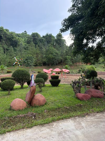 The image depicts an outdoor park area with lush green grass, manicured bushes, and a hill covered in trees in the background. Several decorative elements are visible: large, reddish-brown, rounded rocks are placed on the grass, with one large, upright stone in the center. Atop this upright stone sits a figure draped in a pink and blue patterned fabric, resembling a doll or statue. To the left of the central rock formation, a colorful, pinwheel-like structure is positioned. In the mid-ground, there are several large, pink mushroom-shaped decorations with white spots. Further back, a row of short, rounded green bushes lines a path. The environment suggests a park or garden setting, possibly in Khánh Vĩnh, Vietnam, given the tropical foliage and vegetation. The sky is overcast, indicating a cloudy day.