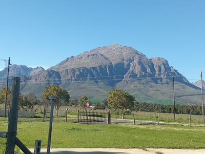 The image depicts a wide, scenic view of a mountainous landscape under a clear blue sky. In the foreground, a vibrantly green, well-maintained grassy field stretches across the frame. A dark metal gate, adorned with vertical bars, stands open in the middle ground, with a red octagonal "STOP" sign positioned above and to the left of it. Beyond the gate, a paved road curves through the landscape, bordered by wooden fence posts and more green fields. Scattered trees, some with sparse foliage and others with full canopies, dot the middle ground, adding depth to the scene. A low, decorative concrete wall runs horizontally behind the gate, further separating the foreground from the middle ground.
The background is dominated by a majestic, imposing mountain range, its rugged slopes detailed with rocky outcrops and shadowed crevices. The mountains appear to be covered in a mix of scrub and sparse vegetation, with patches of lighter green indicating cultivated fields or different types of terrain. Power lines are visible crisscrossing the middle and background, supported by tall utility poles. The overall impression is one of a rural or semi-rural environment, likely in a region known for its natural beauty, possibly within the Witzenberg Local Municipality of South Africa, given the characteristic mountainous terrain and vegetation often found in the Western Cape. There are no people or animals clearly visible in the image. The scene appears tranquil and undisturbed, bathed in bright, natural daylight.