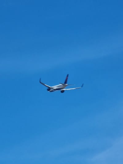 An airplane, identified by its delta wing design and the red and blue tailfin, is captured in mid-flight against a clear blue sky. The aircraft is viewed from below and slightly behind, with its wings extended and engines visible. The image does not provide any information about its location in the city of Unknown, Iceland.