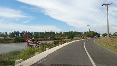 The image depicts a rural scene on a sunny day, likely in Tanjong Krueng, Indonesia. A paved road with a white center line curves to the right, bordered by a concrete barrier and lush green vegetation. To the left of the road, a body of water, possibly a river or canal, is visible, with reeds and taller plants growing along its edge. Partially submerged in the water and on the bank is a broken-down wooden boat, painted red, with its structure exposed. Beyond the water, a dense line of trees forms a backdrop, with some buildings and scattered trees visible further in the distance. Several utility poles with wires run along the right side of the road, indicating the presence of electricity. The sky is blue with scattered white clouds, and a single bird is visible flying. The overall atmosphere is peaceful and idyllic, showcasing a typical landscape of a coastal or riverside community.