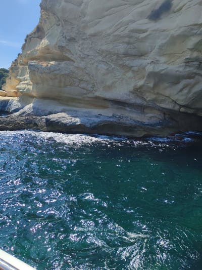 The image depicts a picturesque coastal scene with a focus on a rugged, light-colored cliff face meeting the vibrant turquoise waters of the sea. The cliff is characterized by layered rock formations and some sparse vegetation growing along its top. The water is clear and deep blue-green, with sunlight glinting off its surface, creating a sparkling effect. Small waves are gently lapping at the base of the cliff, where darker, rocky outcrops are visible. The sky is a clear, bright blue, suggesting a sunny day.

The overall impression is one of natural beauty and tranquility. The scene is captured from a low vantage point, likely from a boat, as a small portion of a white railing is visible in the bottom left corner of the frame. The time of day appears to be midday or early afternoon, given the strong sunlight and the shadows cast by the cliff. There is no text visible in the image. The location context suggests this is a scenic spot along the coast of Sol De Mallorca, Spain, known for its natural coastal landscapes.