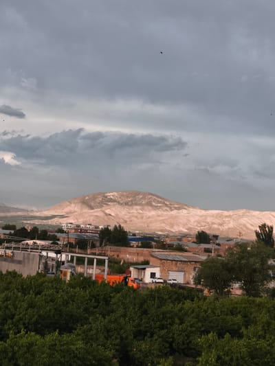This is a landscape photograph taken in Artashat, Armenia. The scene depicts a village nestled at the foot of a large, barren, tan-colored mountain range. The sky above is overcast with dramatic, grey clouds, suggesting a stormy or twilight atmosphere.

In the foreground, a dense cluster of vibrant green trees, possibly an orchard, fills the lower portion of the frame. Beyond the trees, a collection of buildings forms a village or small town. These structures appear to be made of stone and brick, with some exhibiting a more modern, multi-story design. Several vehicles are visible, including an orange truck and a few white cars. The mountain range dominates the background, its slopes appearing eroded and rocky, with lighter colored streaks suggesting mineral deposits.

The overall mood of the image is somewhat somber due to the heavy cloud cover, yet also evokes a sense of natural beauty with the juxtaposition of the lush greenery and the stark, imposing mountains. The time of day is likely late afternoon or early evening, given the diffused light. No text is visible in the image.
