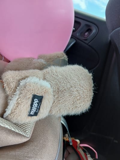 A beige plush toy sits on a car seat, partially obscuring a pink balloon. A black tag with white text is attached to the toy's paw, reading "mygopk" and "Gold Panda." The car's interior, including a door handle and a dark seat, is visible in the background, along with a glimpse of the sky and clouds through the car window. The scene is set within a vehicle, suggesting it is likely within the city of Kuznetsovo, Russia.