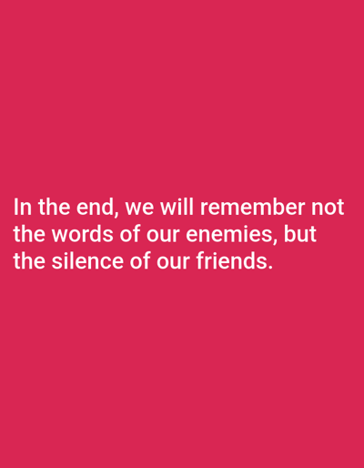 The image is a plain, solid pink background with white text. The text reads: "In the end, we will remember not the words of our enemies, but the silence of our friends." There are no people, objects, actions, interactions, or environmental details visible in the image, nor is there any information that would suggest a location in Dogon Dinia, Nigeria.