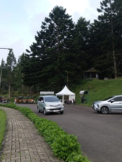 The scene depicts an outdoor environment in Ambositra, Madagascar, under an overcast sky. A paved asphalt road curves through the center-right of the frame, bordered on the left by a concrete block pedestrian path and a strip of low, vibrant green foliage. Manicured grass lies to the left of the path.

In the mid-ground, a silver Toyota Avanza (license plate F 3332 KY) is driving towards the viewer on the paved road. To its left, several motorbikes and a line of five colorful, vintage-style open-top vehicles (red, yellow, orange) are parked on a dirt area. A few indistinct individuals are near these parked vehicles. A tall street lamp is visible on the far left.

On the right side of the road, a silver Mitsubishi Xpander is partially visible, facing away from the viewer. Behind it, a white pop-up tent labeled "STADION" is set up, with a red scooter and two individuals present near it. Further right and elevated on a grassy slope, a small, open-sided shelter with a striped roof contains one seated individual. Above this, a small, dark-roofed gazebo or pavilion is situated on the green terrain.

The background is dominated by a dense forest of tall, dark green coniferous trees covering a rising hill or mountain. Utility poles and overhead wires traverse the scene at mid-height. The sky is uniformly light grey.