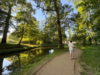 A man walks on a gravel path beside a narrow body of water in a park. The path curves gently to the left. The man is seen from behind, wearing a light-colored short-sleeved shirt and white shorts. He carries a dark object, possibly sunglasses, in his left hand. Lush green trees line both sides of the path and are reflected in the water. A small, round stone structure is visible in the distance, on the opposite side of the water. The location is the Staatspark Wilhelmsbad in Hanau, Germany.