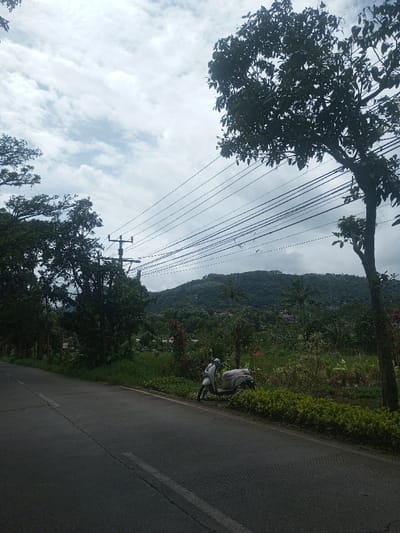 The image displays a rural or semi-rural road scene located in Sarwahi Mal., India. A dark paved road, marked with a faded double white line on its left edge, occupies the left foreground, appearing to curve gently to the left. On the right side of the road, a light-colored scooter, likely white or light grey, is parked facing left, partially obscured by green foliage and bushes lining the roadside. A light-colored, wrapped item rests on the scooter's rear seat.
Beyond the road and immediate vegetation, a utility pole with multiple horizontal cross arms supports numerous parallel overhead lines extending from the left towards the upper right of the frame. The midground is characterized by dense green vegetation, including various trees, bushes, and possible cultivated plots. In the background, a prominent range of hills, heavily forested with dark green foliage, dominates the horizon. A few small, indistinct structures are visible nestled within the greenery at the base of these hills. The sky is overcast with scattered white and grey clouds. No individuals or animals are present in the observable scene.