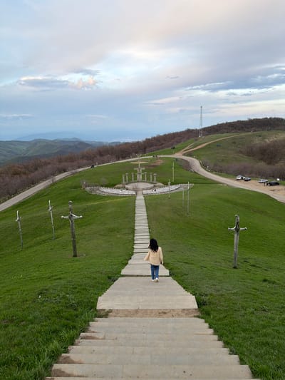 A wide, angled shot shows a woman walking down a concrete staircase in the Memorial of Georgian Warriors near Zemo Nichbisi, Georgia. The woman wears a light-colored coat, jeans, and light-colored shoes. She has dark hair and is seen from the back. The staircase descends through a grassy area dotted with sword-shaped monuments made of wood and metal. To the left of the stairs, there is a walking path, trees and the sky. In the distance, there are hills, a tower, and several parked cars.