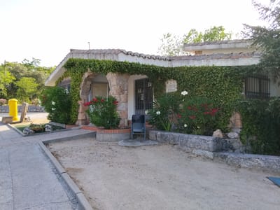 The image shows the exterior of a small, single-story building, likely a public facility, located in the city of Hoyo de Manzanares, Spain. The building has a tiled roof and is covered in ivy. An arched entranceway leads to a doorway with a metal grate. A sign above the doorway reads "CR LA BERZOSA OFICINAS." In front of the building, there are bushes with red flowers, a single white flower, and a metal chair. A paved walkway leads away from the building. To the left of the walkway, there is a yellow post and a small planter. The surrounding environment appears to be arid with sparse vegetation and sandy ground. The sky is clear and bright, suggesting a daytime scene. There are no people visible in the image.