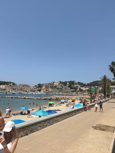 The image depicts a scenic view of the Port de Sóller, Spain, on a clear, sunny day. A bustling beach is in the foreground, with numerous people relaxing on the sand under colorful umbrellas. Some individuals are swimming in the calm, blue water, while others are sunbathing or walking along the shore. A stone-built walkway runs parallel to the beach, separating it from the water and a harbor filled with docked boats. In the background, a picturesque town with buildings of varying heights cascades down a hillside, surrounded by lush greenery. Palm trees dot the landscape, adding to the tropical atmosphere. The overall scene conveys a vibrant and lively vacation atmosphere.