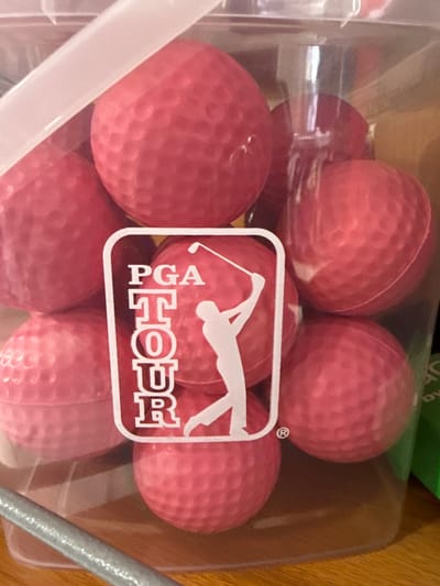 The image shows a clear plastic container filled with red golf balls. The container features a white logo with "PGA TOUR" and a silhouette of a golfer. The balls are textured with the typical dimpled surface. The photo was taken in Dania Beach, Florida, United States.