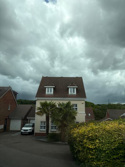 The image depicts a residential scene under a heavily overcast and gloomy sky, suggesting dull weather, possibly in North Hertfordshire, United Kingdom. The perspective is slightly elevated, looking down onto houses and a street.
In the center, a prominent two-story house with a light-colored facade and a dark brown tiled roof features two dormer windows and several standard windows with white frames. Two mature palm trees stand directly in front of this house, their fronds reaching upwards. To the right of this house is a very large, dense bush or hedge with vibrant light green and yellowish foliage, with some small yellow flowers visible within it.
Below and to the right of the central house, a white Vauxhall Corsa car is parked in a paved driveway. The license plate "U69 HSX" is clearly visible on the car. This driveway separates the central light-colored house from a smaller, red-brick house with a white garage door, which is partially visible in the foreground.
The background features a dense line of trees, suggesting woodland or a forested area, extending across the horizon. The sky is filled with thick, grey clouds, indicating no direct sunlight. The overall impression is of a quiet, suburban street on a rather somber day. No people or specific activities are visible.
