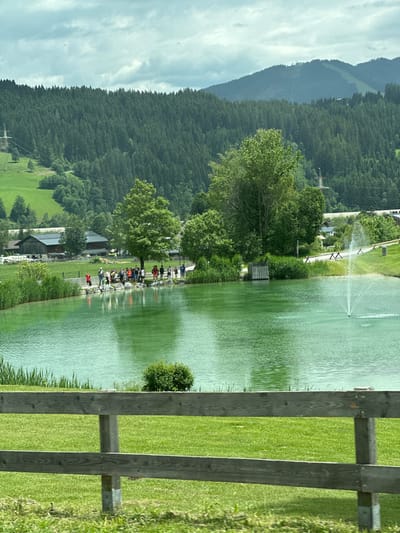 In Reitdorf, Austria, a group of people stand on the edge of a bright green pond. The pond is surrounded by lush green grass and reeds. In the background, a dense forest covers rolling hills, and mountains rise in the distance under a cloudy sky. A wooden fence runs across the foreground of the image, partially obscuring the view of the grassy area and the pond.