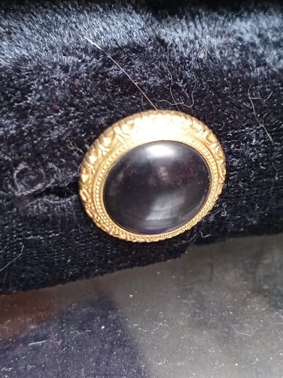 A close-up shows a button on black fabric, likely velvet. The button has a gold, decorative border surrounding a dark, glossy, oval center. A buttonhole is visible to the left of the button. Stray hairs are scattered on the fabric. The bottom of the image appears to be a reflective, gray surface.