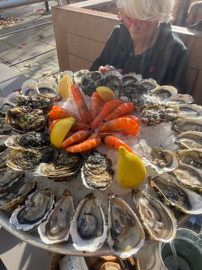 A large, circular metal platter laden with seafood on ice occupies the foreground of an outdoor dining scene in La Grande-Motte, France. The platter contains numerous fresh oysters, some shucked and some unshucked, arranged around the perimeter and in clusters. Approximately ten cooked prawns are centrally placed in a starburst pattern, interspersed with several yellow lemon wedges. One larger, misshapen lemon rests on the ice toward the bottom right.
Seated behind the platter on the right, partially visible, is an older woman with short, white hair and red-framed glasses. She wears a dark top, possibly a sweater or jacket, featuring a small pink polo emblem on her left chest. Her gaze is directed downwards towards the table or platter. A faint outline of another individual's head and shoulder is visible in the background to her right.
The platter rests on a light-colored outdoor table. A woven basket containing slices of bread and a white paper item with a blue "Barque" logo is visible at the bottom left. At the bottom right, a small metallic bucket, possibly for shells or utensils, contains a clear plastic implement. The background reveals a paved outdoor area with greyish-brown pavers, scattered dry leaves, and metal railings. Wooden bench-style seating is visible behind the woman. The scene is illuminated by bright sunlight, casting reflections and subtle shadows.