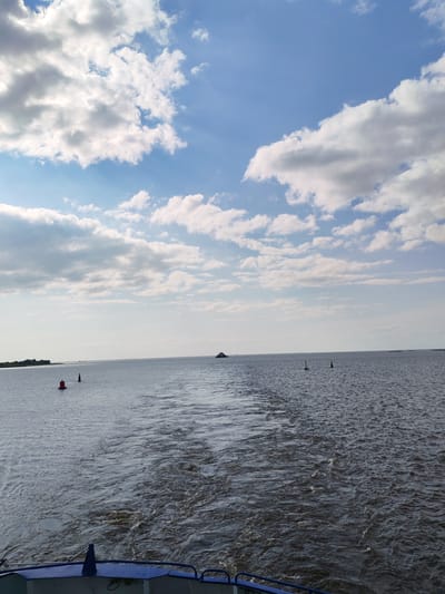 An eye-level, medium shot captures a wide expanse of dark, rippling water under a bright, partly cloudy sky. The water occupies the majority of the frame, with a frothy wake trailing from the bottom of the image. In the foreground, the blue and white railing of a boat is visible, suggesting the perspective is from a vessel.
Several navigational buoys are scattered across the water. To the left, a red cylindrical buoy with a pointed top sits in the distance. Further out, a smaller black conical buoy is visible, followed by two more buoys, one white and conical, and another black and pointed. In the far distance, a small, dark vessel with a superstructure is barely discernible on the horizon.
The sky is a vibrant blue, with scattered white, puffy clouds. Sunlight streams through gaps in the clouds, creating visible rays. A thin strip of land, covered in greenery, forms the distant horizon on the left side of the image. The scene is set in or around Krokhino, Russia, a location known for its vast waterways and maritime activities.