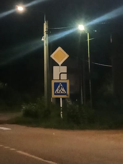 In Savino, Russia, at night, a street light illuminates a pole holding three traffic signs: a diamond-shaped yellow sign indicating a main road, a white square sign with a black L-shaped symbol, and a blue square sign with a white pedestrian crossing symbol. The road surface is asphalt, with white dashed lines visible. Dense green vegetation borders the road.