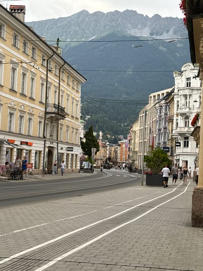 This is a vertical, eye-level shot taken on a street in Innsbruck, Austria, likely during daytime on a cloudy day. The scene is dominated by a street with cobblestone paving and tram tracks, bordered by tall, ornate buildings on the left and a steep, tree-covered mountain on the right.

Several people are visible walking along the street, some singly and some in small groups. They appear to be tourists or locals going about their day. The activity is casual strolling, with no specific event clearly depicted. The people are dressed in summer clothing, suggesting a warm day.

The buildings are multi-story with many windows and decorative architectural details. Some ground-floor businesses are visible, including a shop with an "ECCO" sign and another with "Dunkin' Donuts" signage. Red flowers are visible in a planter box on a building in the upper left. The mountain range in the background, with its rugged slopes and lush green trees, provides a dramatic natural backdrop to the urban environment. The sky is overcast, casting a soft light over the scene. The overall mood is one of peaceful, everyday activity within a picturesque European setting.