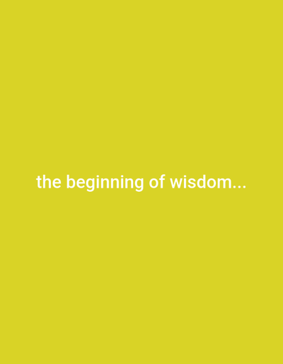 A bright yellow background serves as the canvas for a simple, yet profound, message. Centered horizontally and situated towards the lower portion of the image, the words "the beginning of wisdom..." are displayed in a clear, white sans-serif font. The lack of additional elements draws immediate attention to this statement, suggesting a reflective or philosophical theme.
