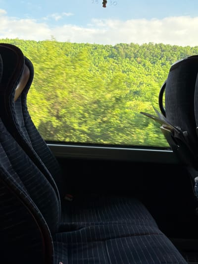 The image depicts an interior view from a vehicle, possibly a bus, with a window showing a blurred landscape. The foreground contains a dark, pinstriped seat. Outside the window is a view of a lush green hillside or forest, with a blue sky visible above. There is no clear indication of being in the city of Malinovo, Bulgaria. There are no people visible. The seat appears to be unoccupied. A reflection on the window shows illegible writing.
