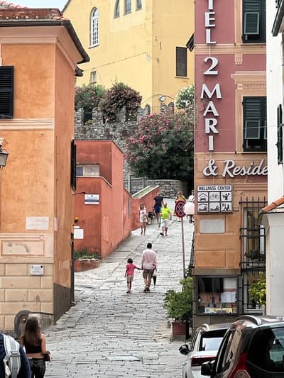 An outdoor, eye-level view captures a narrow, uphill cobblestone street in Sestri Levante, Italy. The street is bordered by multi-story buildings. On the right, a reddish-pink building displays a prominent vertical sign in white letters reading "HOTEL 2 MARI & RESIDENCE," with an additional "WELLNESS CENTER" sign below, featuring icons for bicycle, walking, swimming, and gym/spa. This building has green louvered shutters on its windows and a ground-floor display window. A "no stopping" sign is visible at the lower right. On the left, an orange-ochre building exhibits black louvered shutters and a weathered rectangular plaque. In the background, a large yellow building with arched windows stands behind a stone wall adorned with dense green foliage and pink flowering bushes, likely oleander.
Nine individuals are visible walking uphill on the cobblestone street. In the mid-ground, a male in a light shirt and shorts holds hands with a young female in a pink top and shorts. Further uphill, a female in a white dress walks a dark-colored dog on a leash. Behind her, a male in a blue shirt is partially visible, followed by a male in a bright green shirt carrying a thin, dark object, and a female in a patterned top. Two individuals are partially visible in the bottom left foreground. Two parked cars, one silver/grey and one dark red/maroon, are partially visible in the bottom right foreground. The scene is illuminated by natural daylight.