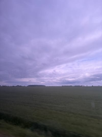 The image depicts an expansive, low-lying agricultural landscape under a cloudy, pale purple sky. The foreground is dominated by a field of green vegetation, possibly crops, exhibiting a blurred, streaked appearance indicative of motion, likely captured from a moving vehicle. In the mid-ground, a dense line of trees stretches across the horizon, forming a dark band against the lighter sky. Beyond the trees, a low cluster of buildings, appearing as white rectangular structures, is visible, suggesting a settlement or industrial area. The sky is filled with wispy, layered clouds, with lighter tones suggesting breaks in the cloud cover. The overall impression is one of a rural or semi-rural environment on an overcast day, possibly during twilight given the subdued lighting and purple hues in the sky. The location is identified as Дукорскі сельскі Савет, Belarus.