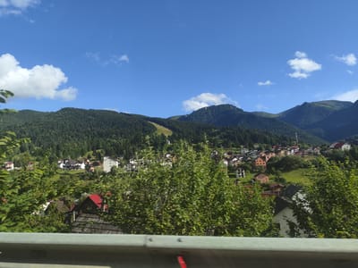The image depicts a view of the city of Borșa, Romania, under a clear blue sky with scattered white clouds. In the foreground, a blurred section of a grey metal guardrail runs horizontally across the bottom of the frame. Behind the guardrail, lush green foliage from trees and bushes obscures a portion of the scene, some of which appears slightly motion-blurred.

Further into the scene, a hillside town is visible, nestled amongst rolling green hills and dense evergreen forests that cover the surrounding mountains. The town consists of numerous houses with red, brown, and grey roofs, showcasing a mix of architectural styles. Some houses are brightly colored in orange and yellow, while others are painted white or have darker facades. A ski slope is discernible on one of the forested mountainsides, indicating the area's potential for winter sports. The overall impression is that of a picturesque mountain village on a sunny day.
