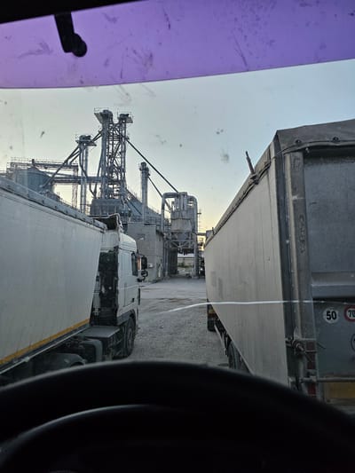 The image shows a view from inside a truck cab, looking out at an industrial facility. Two large white semi-trailers are parked side-by-side, with the cab of the truck on the left partially visible. In the background, a complex of grain silos and processing equipment rises against a clear sky. The ground is covered in gravel. There are no people visible in the scene. The overall impression is one of an industrial or agricultural logistical hub. The presence of speed limit signs (50 and 70) on the trailer on the right suggests a road within the facility or its immediate vicinity. The purple tint at the top of the image is from the truck's windshield or a sun visor. The image is taken during daylight hours, possibly late afternoon or early morning due to the soft lighting. There is no information in the image to indicate the location is Sofia, Moldova.
