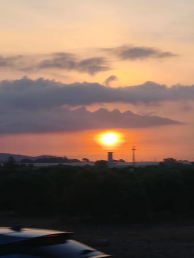 The image captures a sunset over Nàquera, Spain. The sky is painted with warm hues of orange and yellow, with soft clouds drifting across the horizon. In the middle ground, a line of dark green trees separates the sky from the landscape below. Silhouetted against the colorful sky are industrial structures, including a tall, slender tower and a building with a smokestack, suggesting an industrial area on the outskirts of the city. The foreground is dominated by the dark shapes of foliage and what appears to be the rear of a dark-colored vehicle, possibly a car, with its spoiler visible. The overall scene depicts a tranquil moment as day transitions into night.