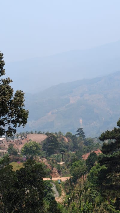 The image shows a landscape in Lâm Sơn, Vietnam. In the background are hazy, distant mountains. In the foreground is a mix of vegetation, including trees. A small pond is visible with a person standing near it, possibly fishing or tending to the water. There are dirt paths winding through the greenery. A terraced, cultivated area is visible leading up to the trees. The sky is light blue and clear.