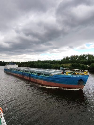 An overcast sky looms above a long, blue and red cargo ship as it sails on a dark, rippling body of water, likely a river or canal. The ship, identified by the Cyrillic lettering "ЗАВОЛЖСК" on its bow, is laden with what appear to be closed cargo hatches. The water ahead of the ship is disturbed, indicating movement and creating a visible wake. On the far bank of the waterway, a dense line of green trees forms a natural barrier, with a slightly elevated, grassy slope visible behind them. The scene suggests a tranquil, industrial waterway setting in Russia.