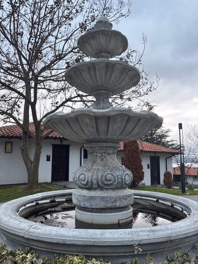 The image depicts an outdoor scene in Баня, Bulgaria, centered on a large, weathered three-tiered concrete fountain. The fountain, gray with ornate relief carvings on its pedestals and bowls, occupies the midground. Its circular base contains shallow water with some floating debris. Exposed white and black banded piping is visible within the basin. In the background to the left, a bare deciduous tree with dark branches stands in front of a white building with a terracotta-tiled roof. A dark wooden door is visible on this building, and to its left, a small square sign with the number "3" and other text, likely "НОЩУВКИ," is mounted on the wall. To the right of the fountain, another similar white building with a red-tiled roof is visible behind a tall, slender reddish-brown coniferous shrub. A black, modern-style street lamp stands further back on the right, and additional buildings with red roofs are visible on a rising incline in the distant background. The sky is overcast with a uniform light gray tone, and no people are present. Low green and variegated foliage borders the fountain's base in the foreground.