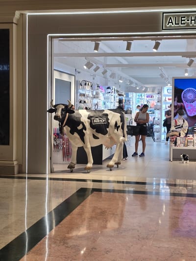 The image shows the facade of an Ale-Hop store, a retail chain known for its quirky and humorous products, located in a shopping center, likely in L'Hospitalet de Llobregat, Spain. The store has a large glass window display, featuring a life-sized black and white cow statue with the "ALE-HOP" logo on its side. The cow statue stands inside the store, positioned near the entrance and a display of colorful umbrellas. A woman, dressed in a striped tank top and dark shorts, is looking at products displayed on shelves behind the cow. The store's interior has bright lighting and a variety of merchandise visible on shelves. Above the store window, a large illuminated sign displays the store's name "ALE-HOP." The flooring outside the store is made of pink marble with dark stripes.