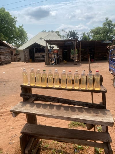 The scene is set in Okura, Nigeria, under a bright, partially cloudy sky. In the foreground, eleven transparent plastic bottles, each filled with a pale yellow liquid, are displayed in a linear arrangement on the top tier of a rustic, multi-tiered wooden stand. The bottles feature varied cap colors including white, green, orange, black, and red. Shadows from the bottles and the stand are cast onto the lower tiers and the reddish-brown earthen ground.
In the midground, a collection of single-story, rudimentary structures constructed from wood planks and corrugated metal roofing frames an unpaved area. To the left, a small, log-cabin-style building stands. Centrally, a larger building with a white corrugated metal roof and wooden walls is visible. To its right, two adjacent open-front stalls feature wooden frames and corrugated metal roofs. A sign above the left stall identifies it as "ELECTRICIAN," while a partial sign above the right stall begins with "ONOMU MOTOR..." Several indistinct individuals are present within or near these stalls, suggesting activity. A blue three-wheeled vehicle is partially visible on the far right. The background features dense green foliage, including palm trees.