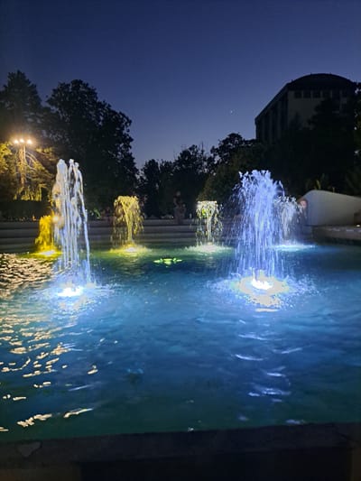 A fountain with multiple jets of water illuminated by blue and yellow lights is the central subject of this nighttime photograph. The water is a vibrant turquoise. In the background, silhouetted trees and a building with a curved roof are visible against a dark blue sky. A streetlamp with multiple bulbs casts a warm yellow glow on the trees to the left. Several people are seated on a raised ledge behind the fountain, their forms indistinct in the low light. The perspective is from ground level, looking across the fountain towards the background elements.