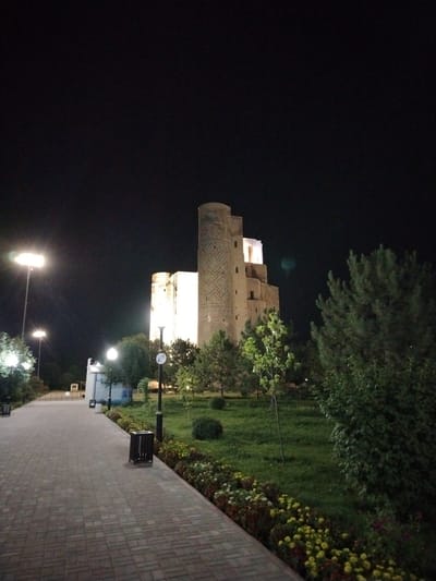 In this night-time photograph taken in Shahrisabz City, Uzbekistan, a prominent historical structure, likely a mausoleum or minaret, is illuminated by floodlights. The structure, constructed from brick, exhibits intricate geometric patterns and inscriptions. To the left of the structure, a paved walkway, made of rectangular bricks, leads into the scene, bordered by green grass and a flowerbed with yellow and red flowers. Several lampposts, some with bright lights, are visible along the walkway and in the vicinity of the building. Tall, dark green trees frame the right side of the image, and a few smaller trees are interspersed within the landscaped area. The sky is a deep black, indicating the nighttime setting. There are no people visible in the image.